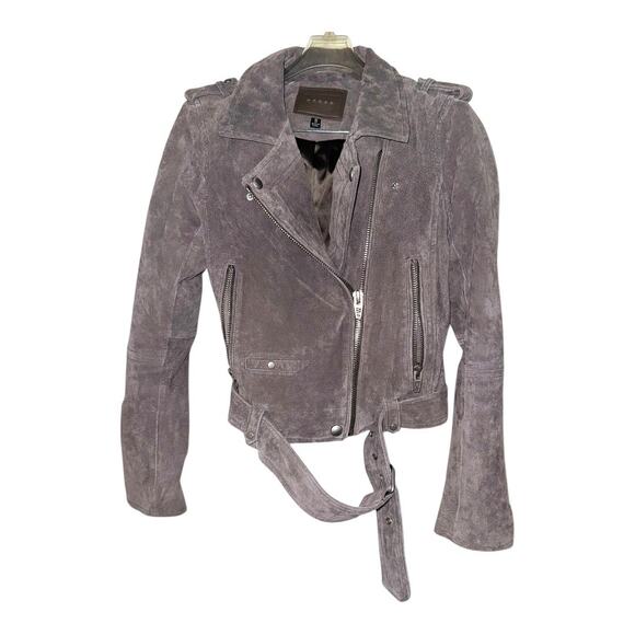 BLANKNYC Suede Moto Jacket French Grey Small Asymmetrical Zip Belted Hem Leather - Picture 4 of 8